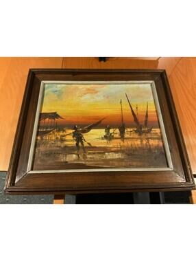 Original 1968 Southeast Asian Harbor Oil Painting Fishermen Sunset Signed